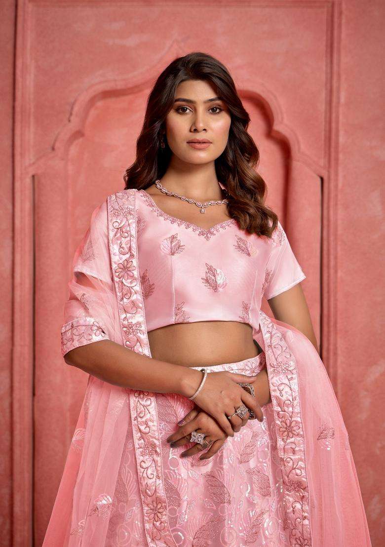 Peach Embroidery Net Lehenga Set - Indya