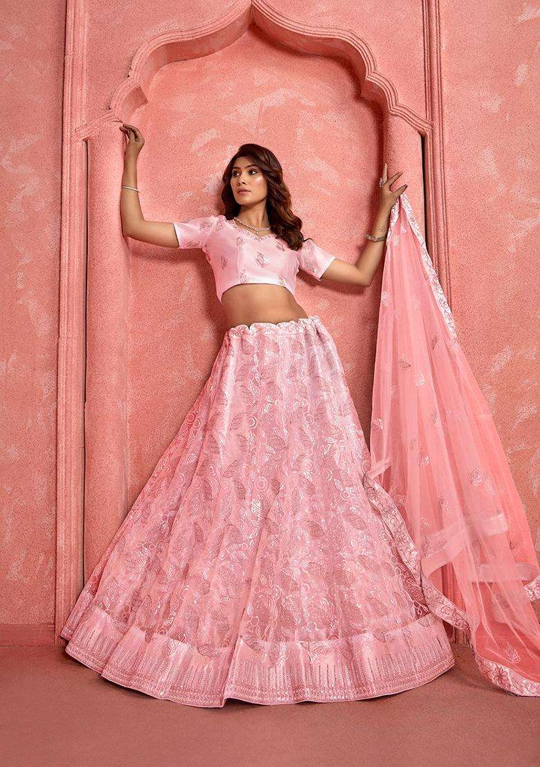 Peach Embroidery Net Lehenga Set - Indya