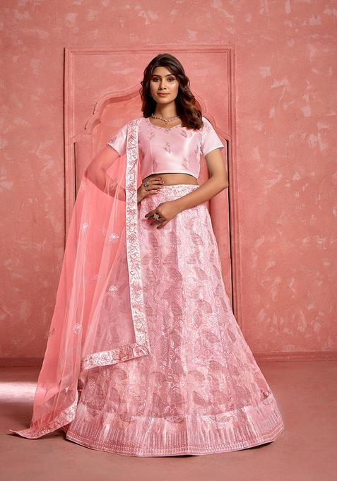 Peach Embroidery Net Lehenga Set