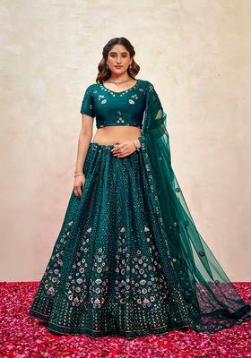 Dark Green Embroidery Silk Lehenga Set
