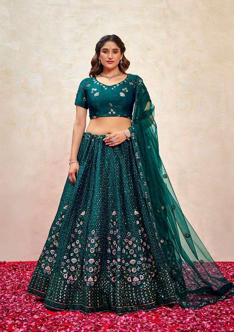 Dark Green Embroidery Silk Lehenga Set - Indya