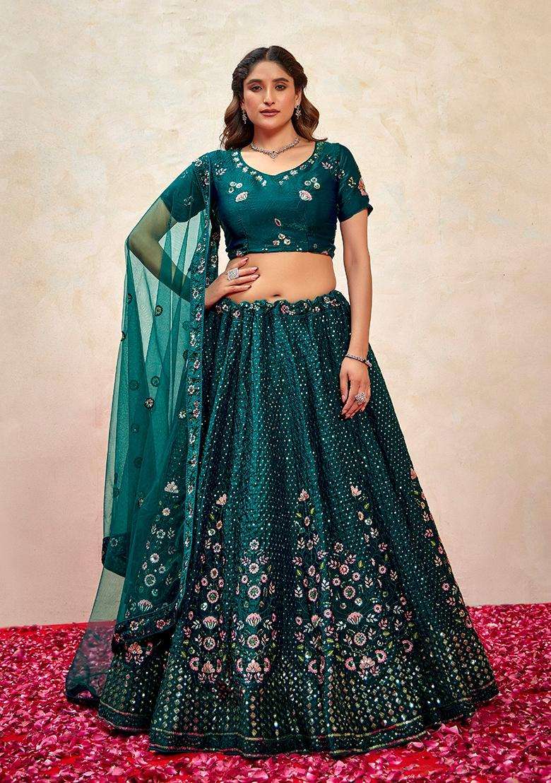 Dark Green Embroidery Silk Lehenga Set - Indya