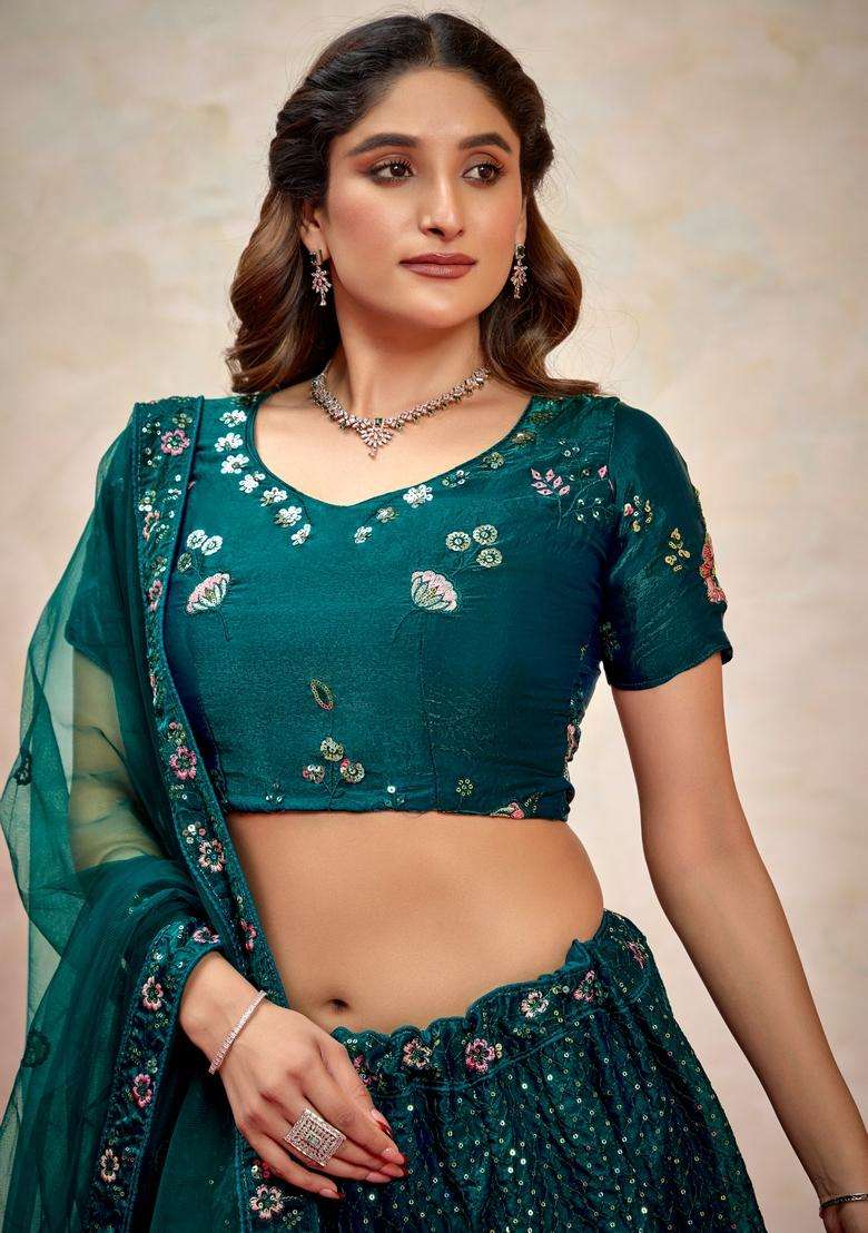 Dark Green Embroidery Silk Lehenga Set - Indya