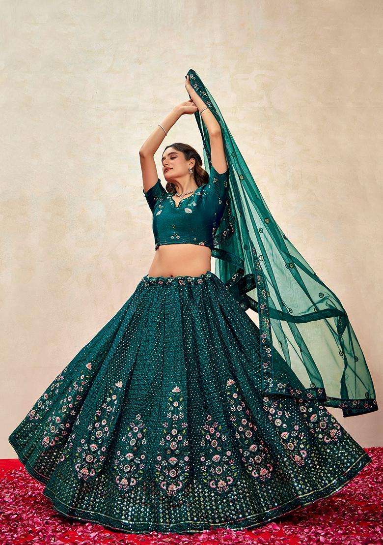 Dark Green Embroidery Silk Lehenga Set - Indya