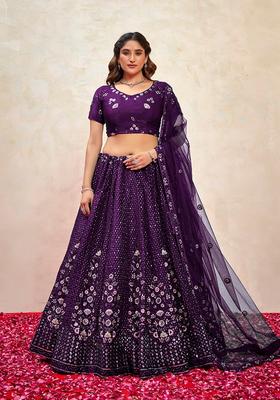 Purple Embroidery Silk Lehenga Set