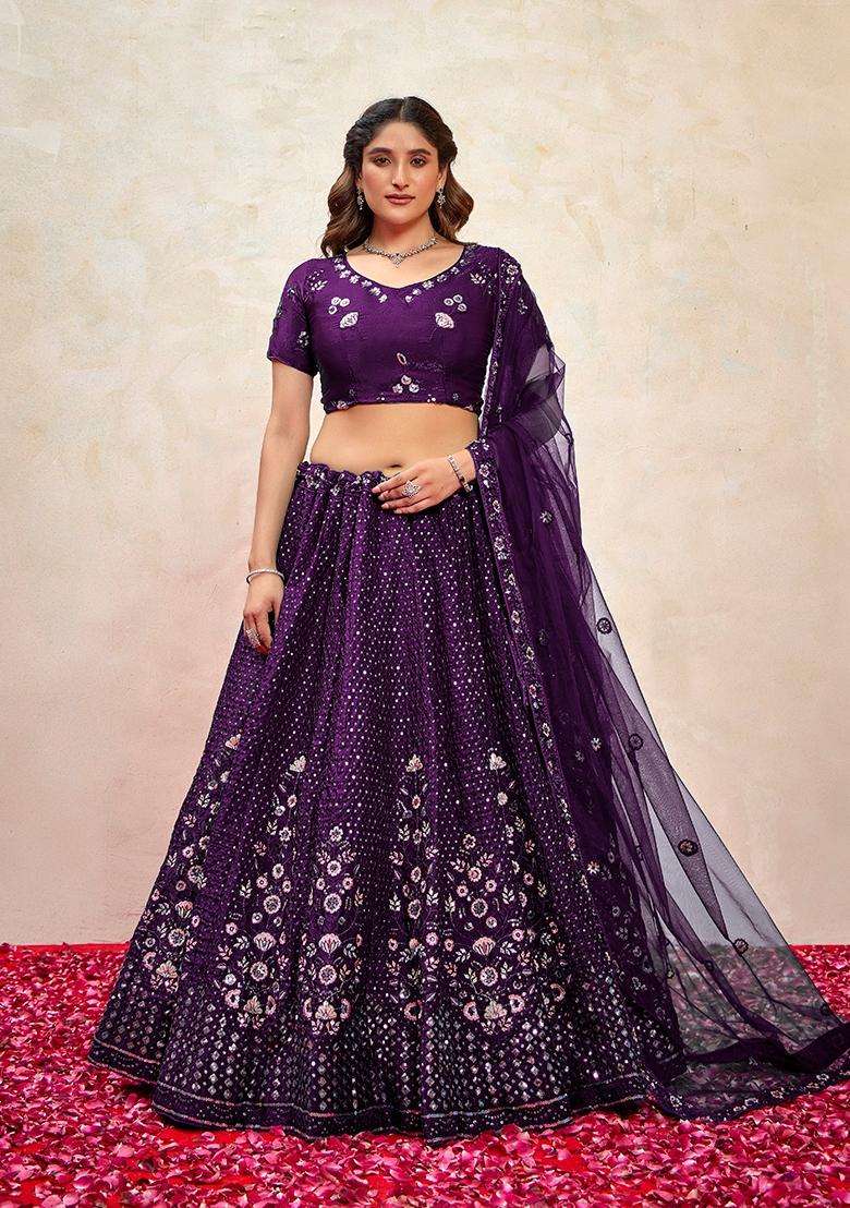 Purple Embroidery Silk Lehenga Set - Indya