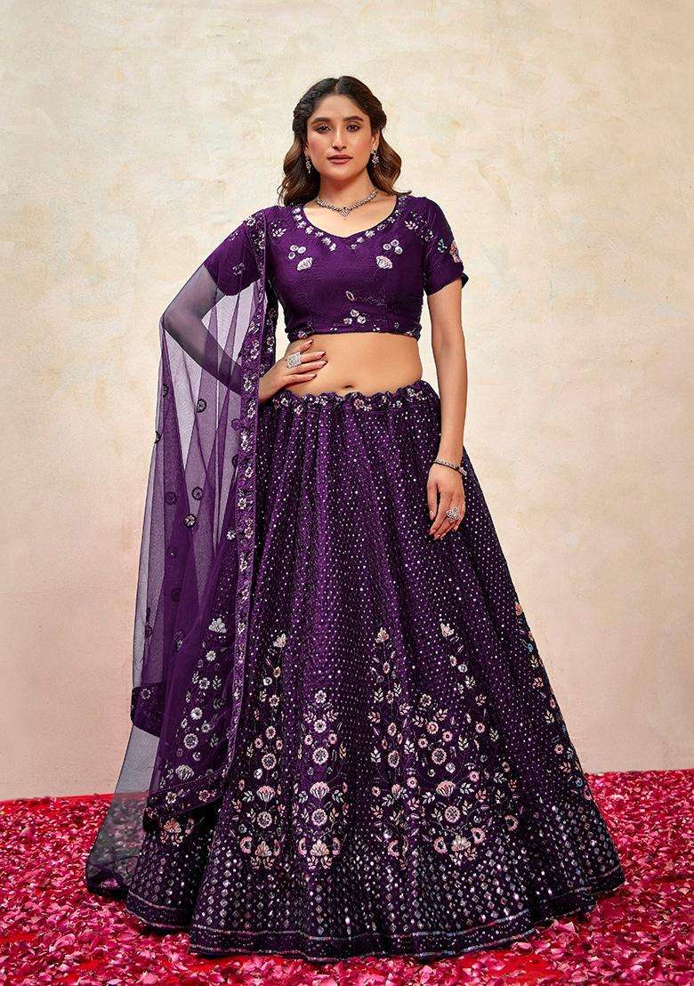 Purple Embroidery Silk Lehenga Set - Indya