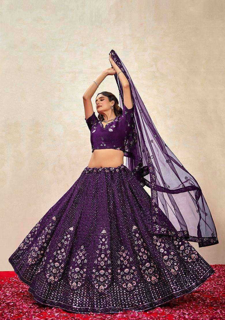 Purple Embroidery Silk Lehenga Set - Indya