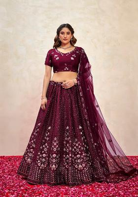 Wine Embroidery Silk Lehenga Set