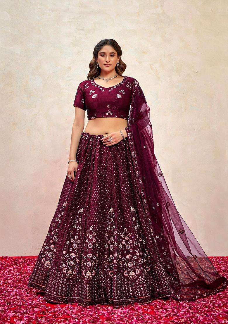 Wine Embroidery Silk Lehenga Set - Indya