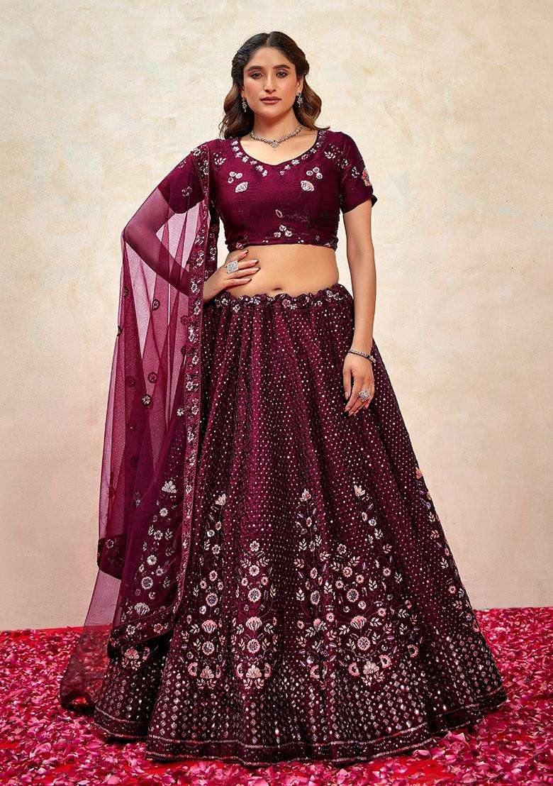 Wine Embroidery Silk Lehenga Set - Indya