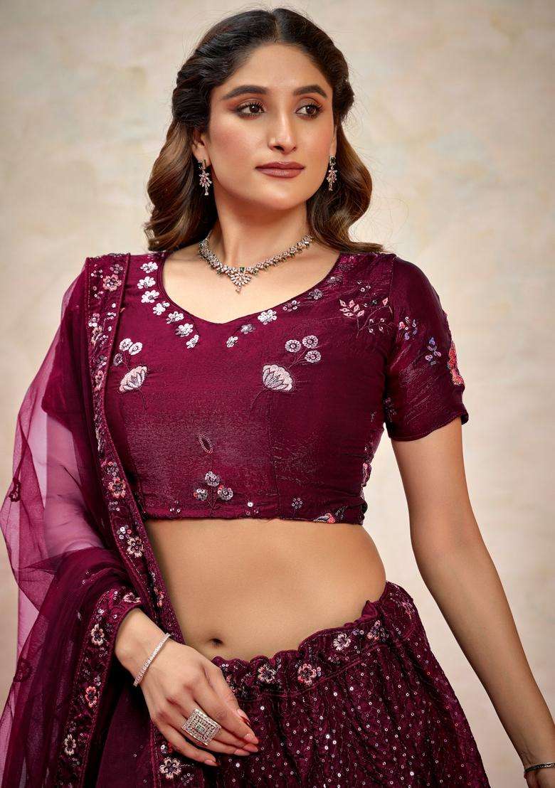 Wine Embroidery Silk Lehenga Set - Indya