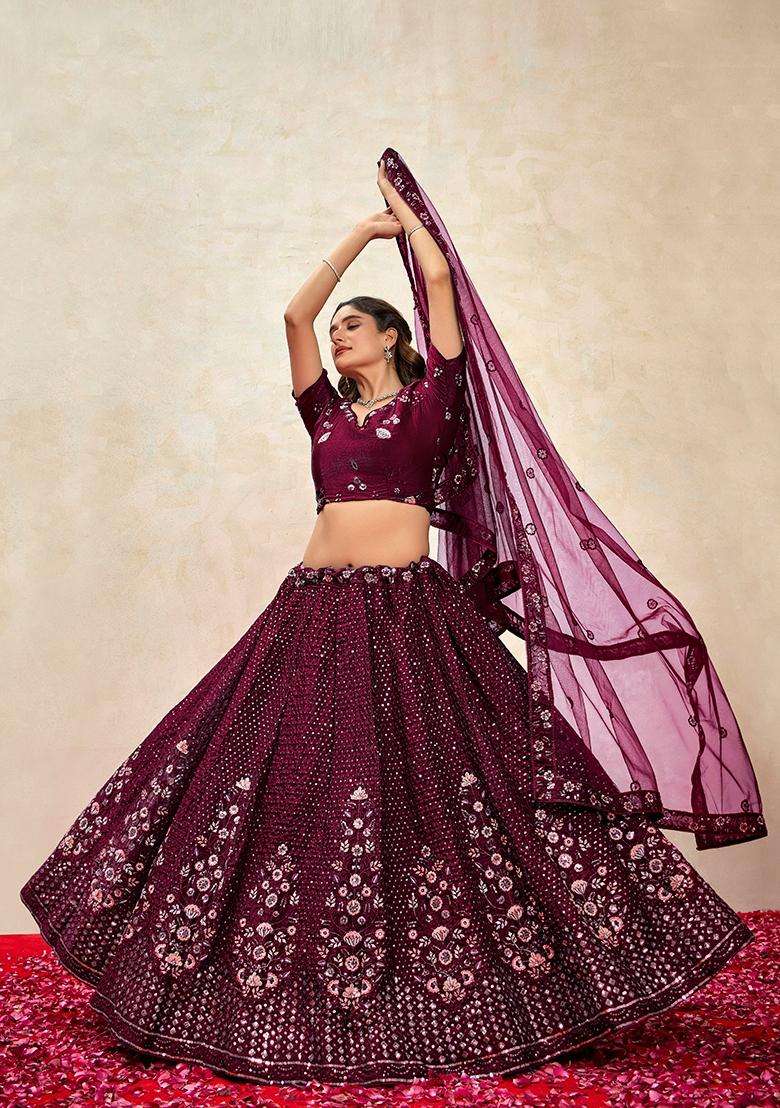 Wine Embroidery Silk Lehenga Set - Indya