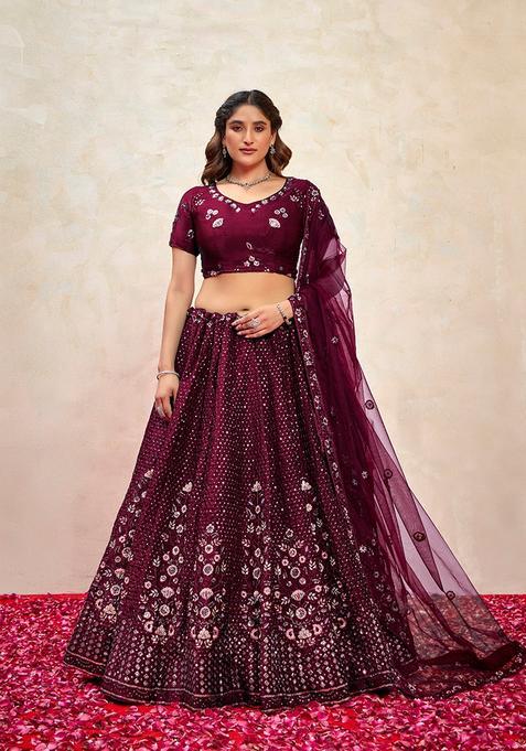 Wine Embroidery Silk Lehenga Set