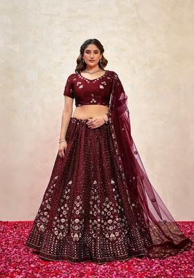 Maroon Embroidery Silk Lehenga Set