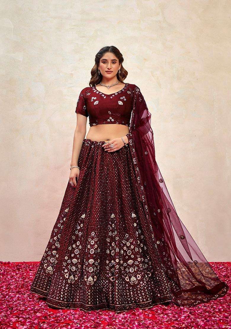 Maroon Embroidery Silk Lehenga Set - Indya