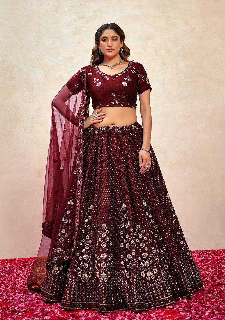 Maroon Embroidery Silk Lehenga Set - Indya