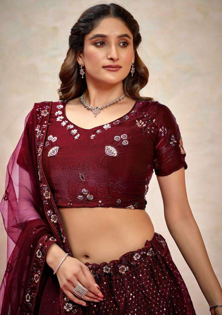 Maroon Embroidery Silk Lehenga Set - Indya