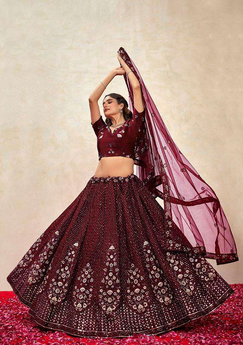 Maroon Embroidery Silk Lehenga Set - Indya