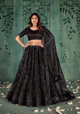 Black Embroidery Net Lehenga Set