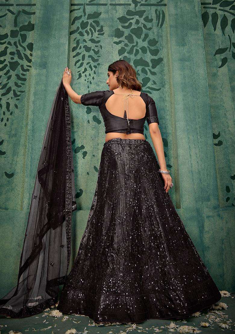 Black Embroidery Net Lehenga Set - Indya