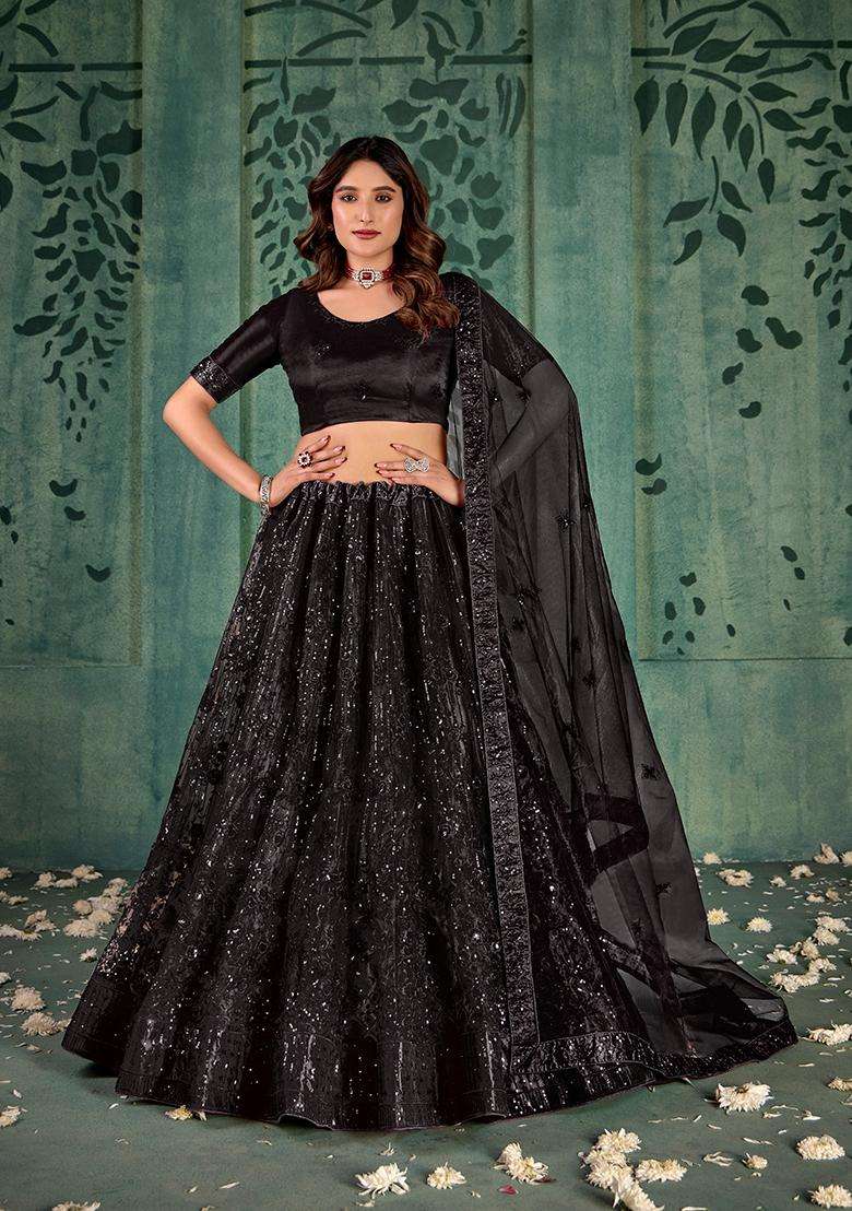 Black Embroidery Net Lehenga Set - Indya
