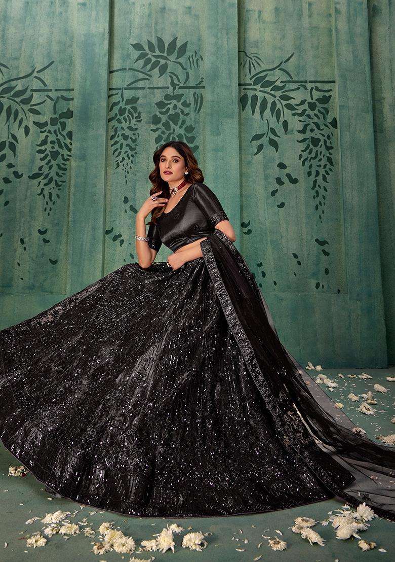 Black Embroidery Net Lehenga Set - Indya