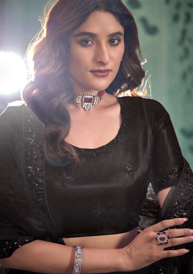 Black Embroidery Net Lehenga Set - Indya