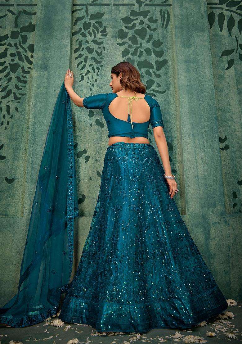 Teal Embroidery Net Lehenga Set - Indya