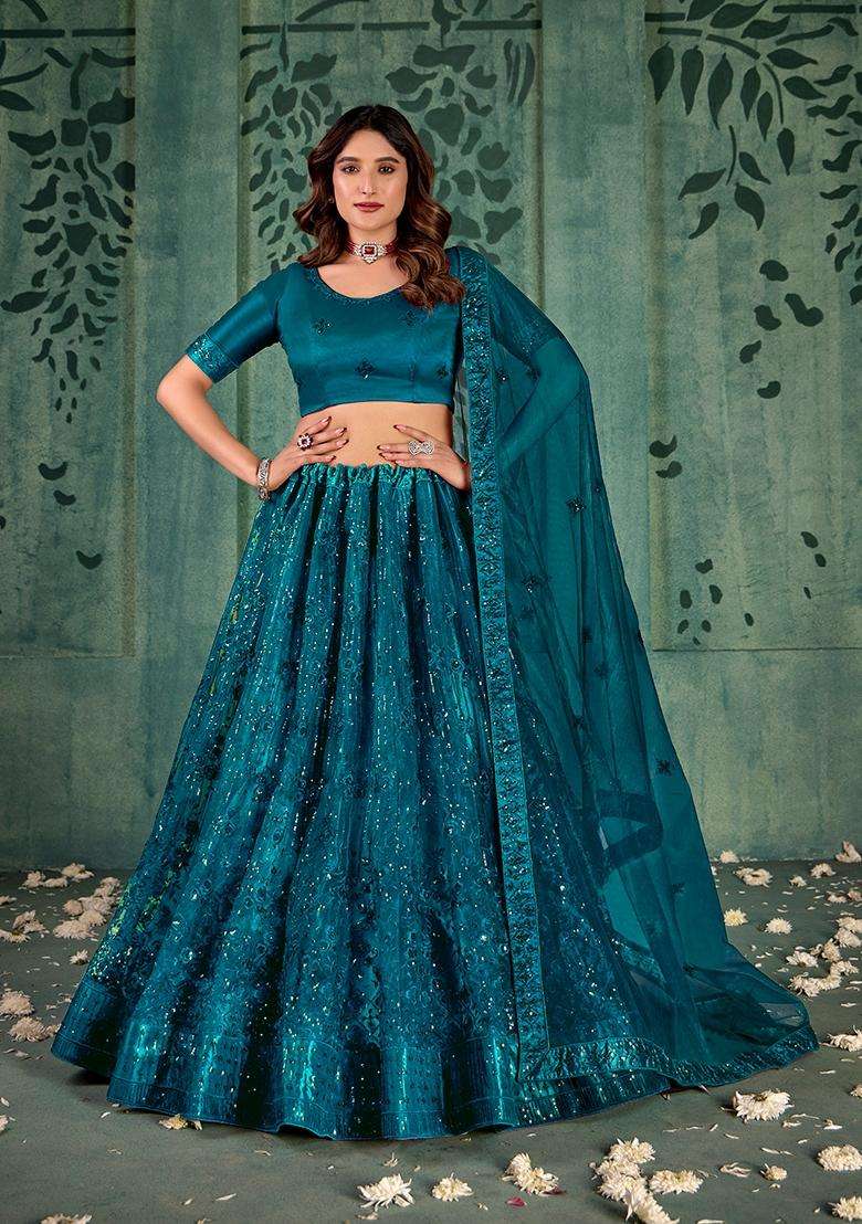 Teal Embroidery Net Lehenga Set - Indya