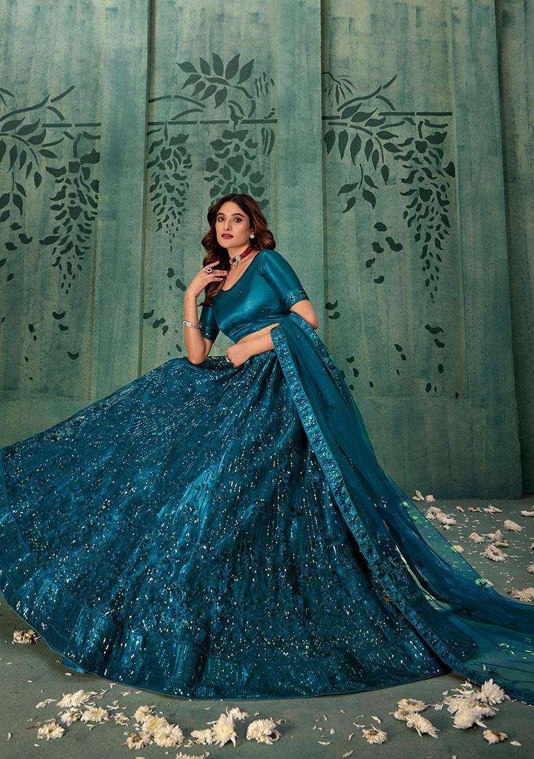 Teal Embroidery Net Lehenga Set - Indya