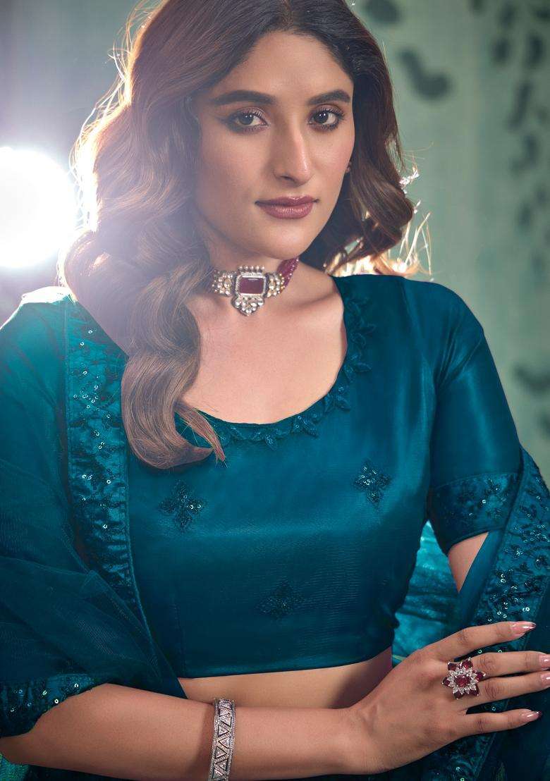Teal Embroidery Net Lehenga Set - Indya