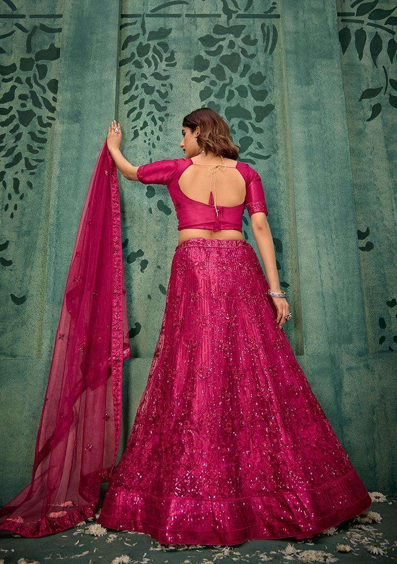 Magenta Embroidery Net Lehenga Set - Indya
