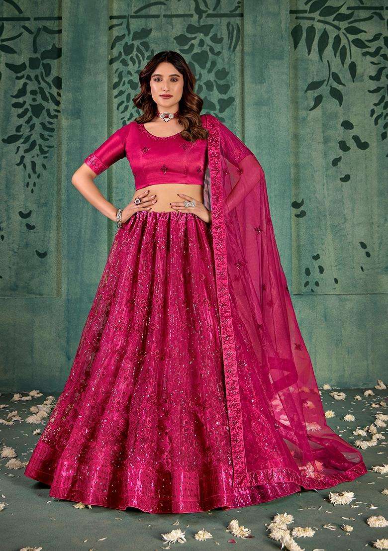 Magenta Embroidery Net Lehenga Set - Indya