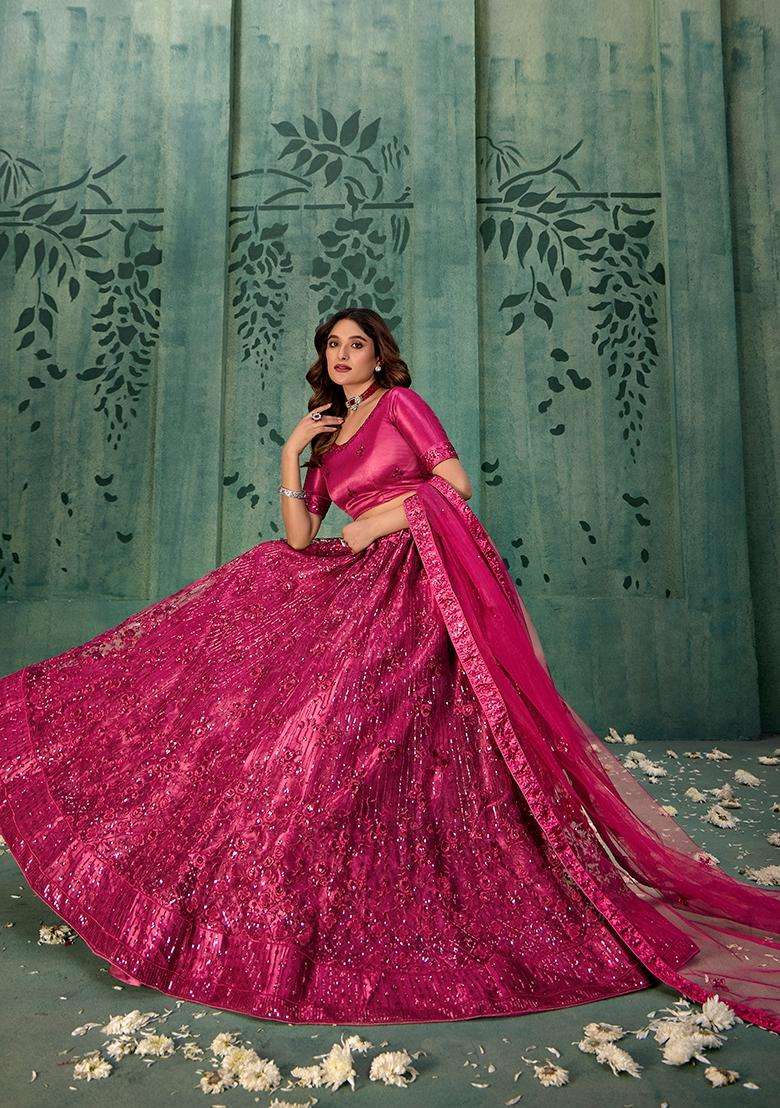 Magenta Embroidery Net Lehenga Set - Indya