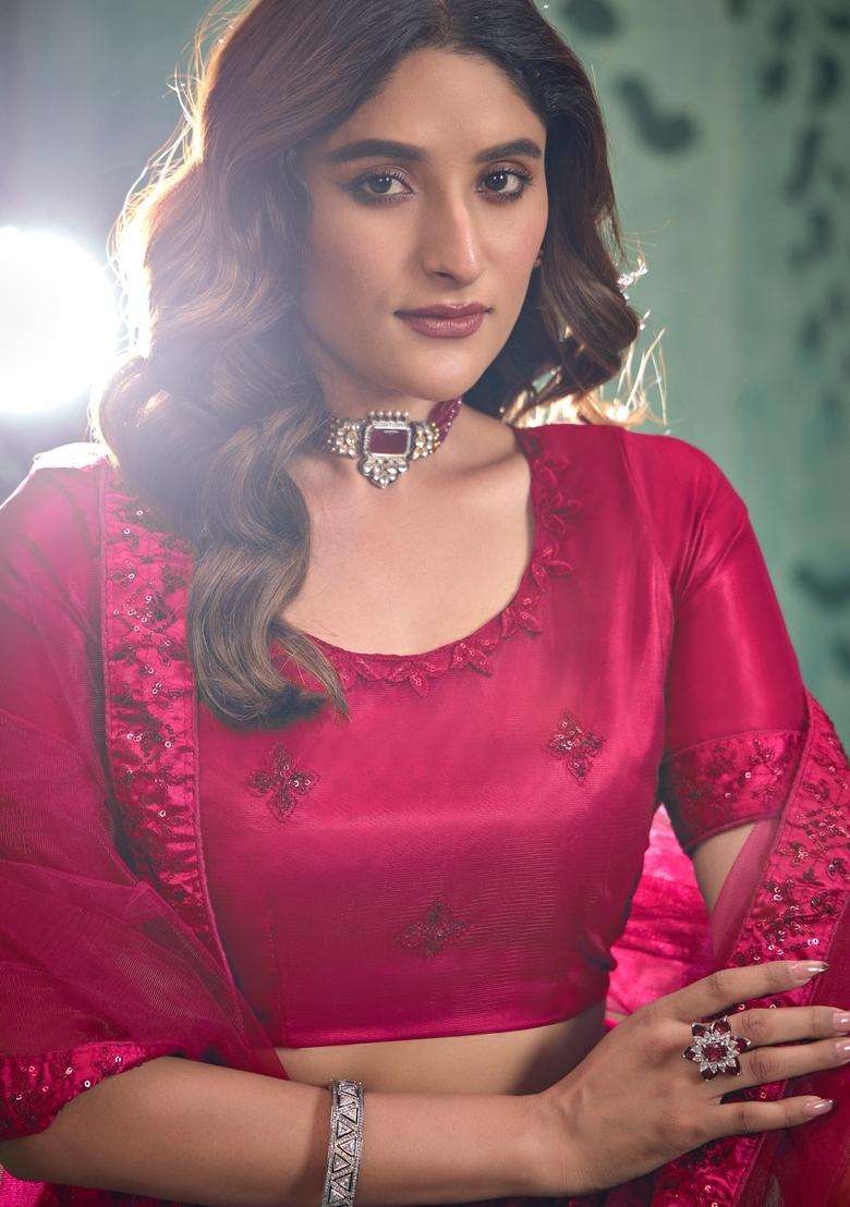 Magenta Embroidery Net Lehenga Set - Indya