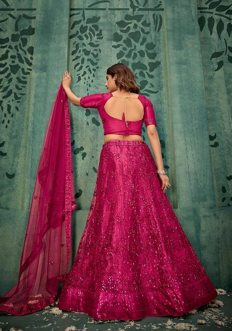 Magenta Embroidery Net Lehenga Set — view on Indya