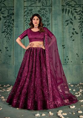 Wine Embroidery Net Lehenga Set