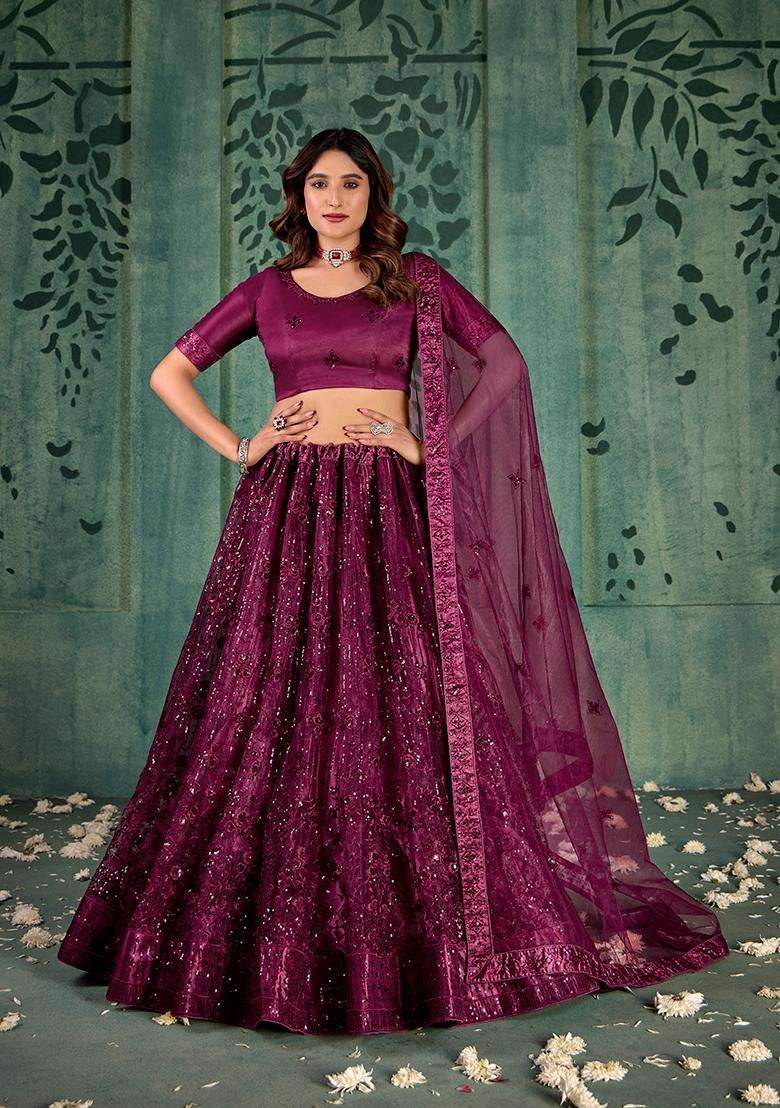 Wine Embroidery Net Lehenga Set - Indya