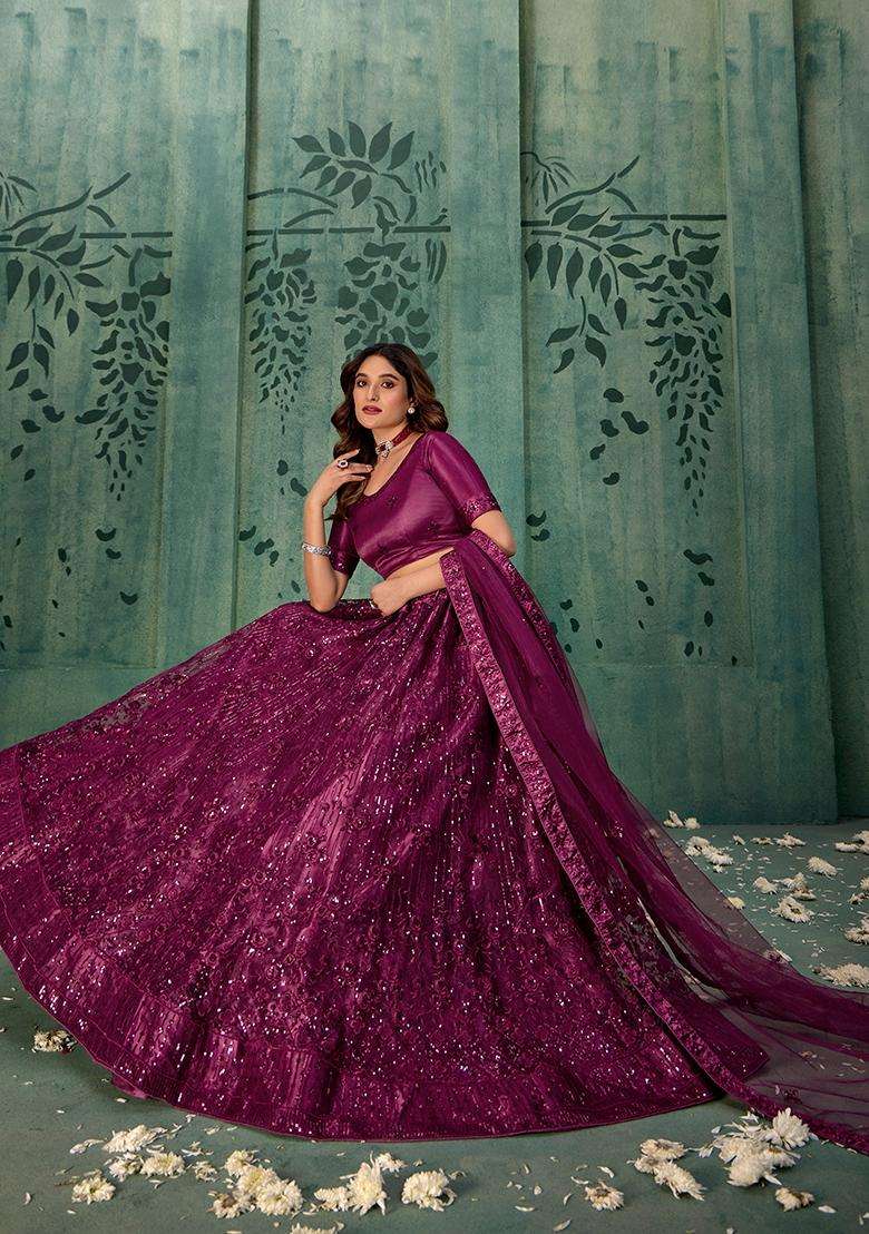 Wine Embroidery Net Lehenga Set - Indya