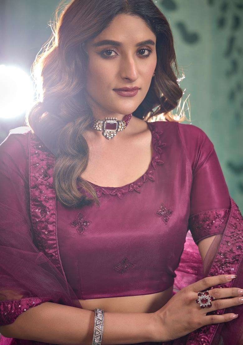 Wine Embroidery Net Lehenga Set - Indya