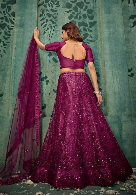 Wine Embroidery Net Lehenga Set — view on Indya
