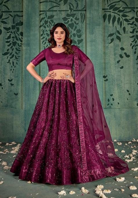 Wine Embroidery Net Lehenga Set