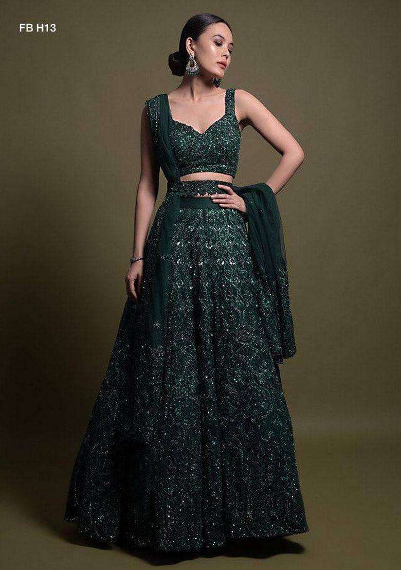 Green Sequins Work Net Lehenga Set for Diwali and Festive Wear - Indya