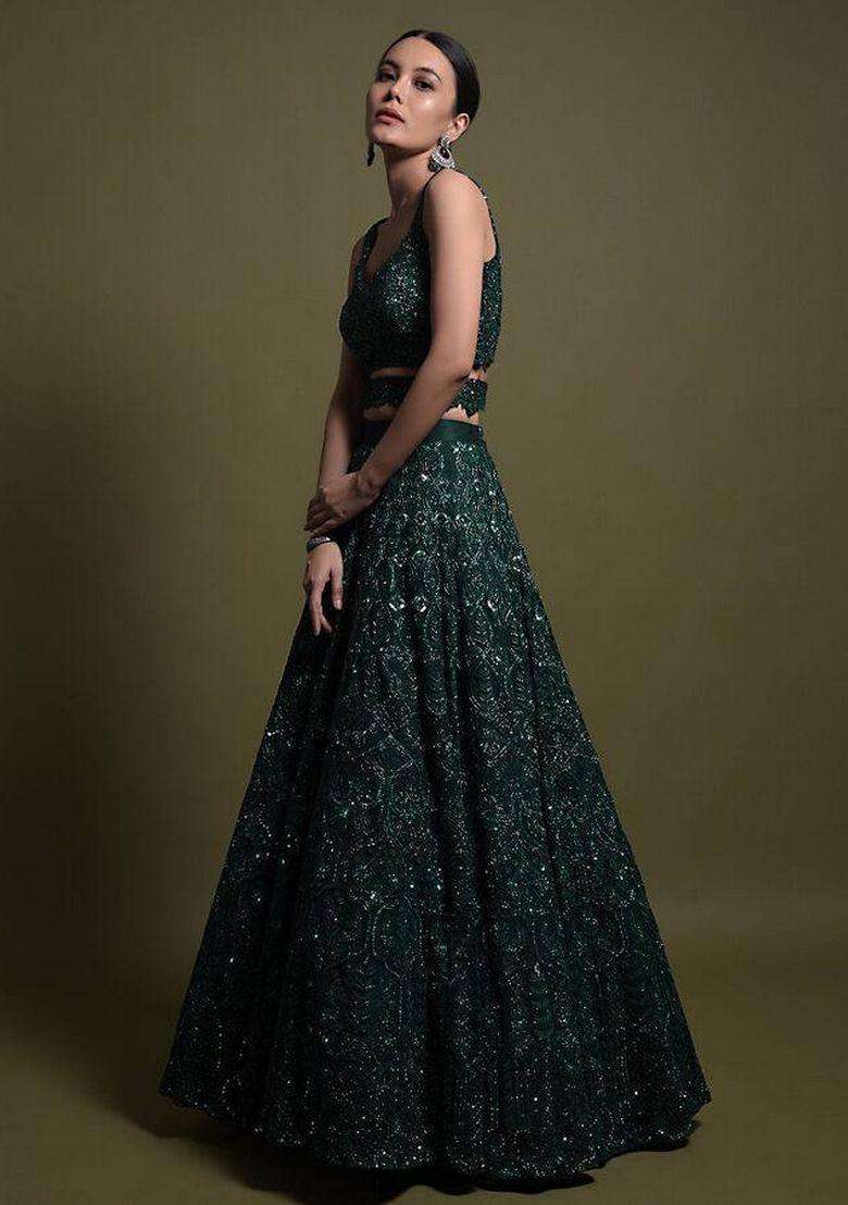 Green Sequins Work Net Lehenga Set for Diwali and Festive Wear - Indya