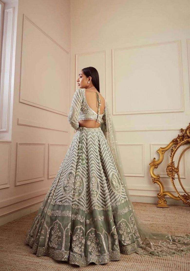 Pista Georgette Lehenga Set with Zari Work for Diwali | Wedding & Festive Wear - Indya