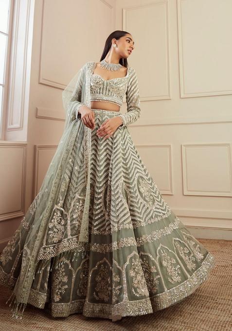 Pista Zari Work Georgette Lehenga Set