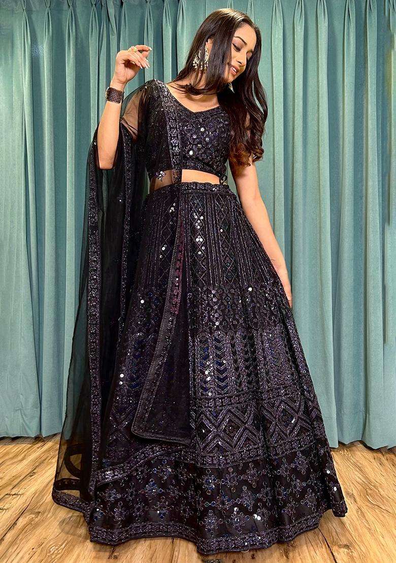 Black Sequins Work Net Lehenga Set for Diwali and Festive Wear - Indya