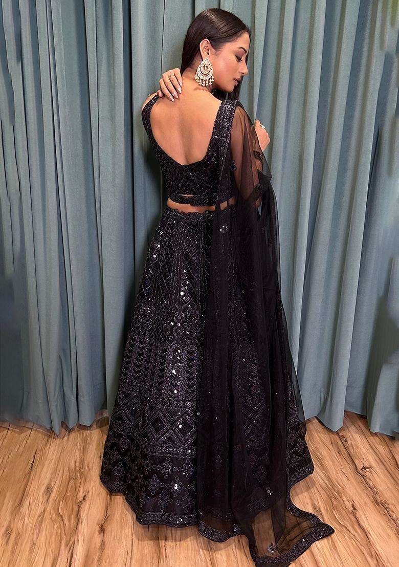 Black Sequins Work Net Lehenga Set for Diwali and Festive Wear - Indya