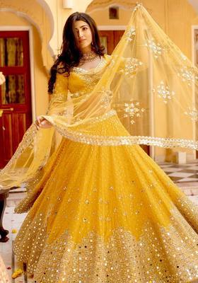 Yellow Mirror Work Georgette Lehenga Set